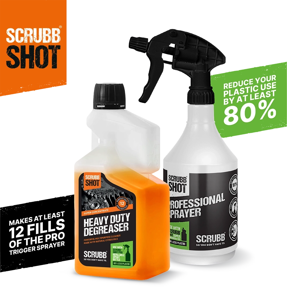 SCRUBB SHOT Heavy Duty Degreaser promo and spray bottle