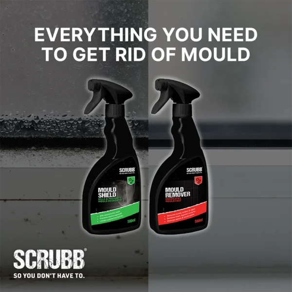 Two spray bottles and Everything your need to get rid of mould' text