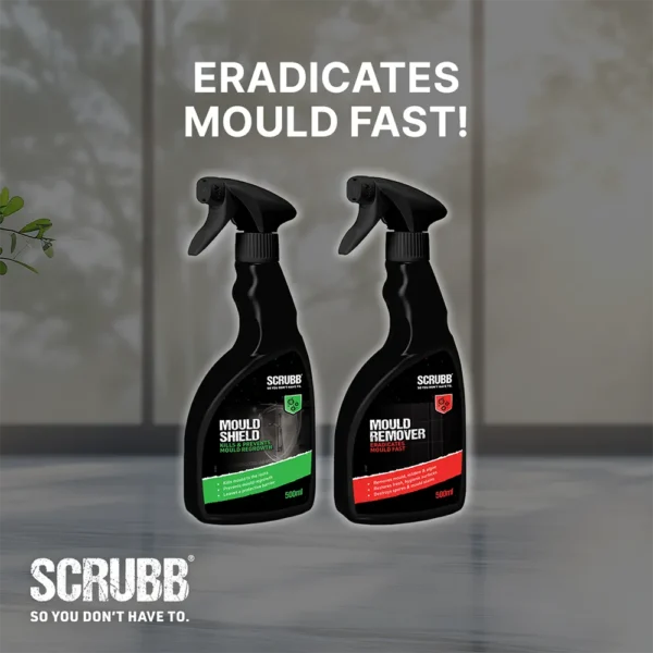 Two spray bottles and 'Eradicates Mould Fast!' text