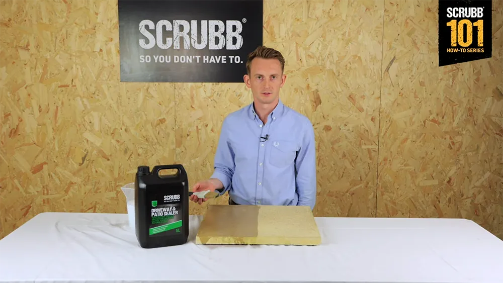 Video screenshot of host demonstrating SCRUBB C82 Driveway & Patio Sealer