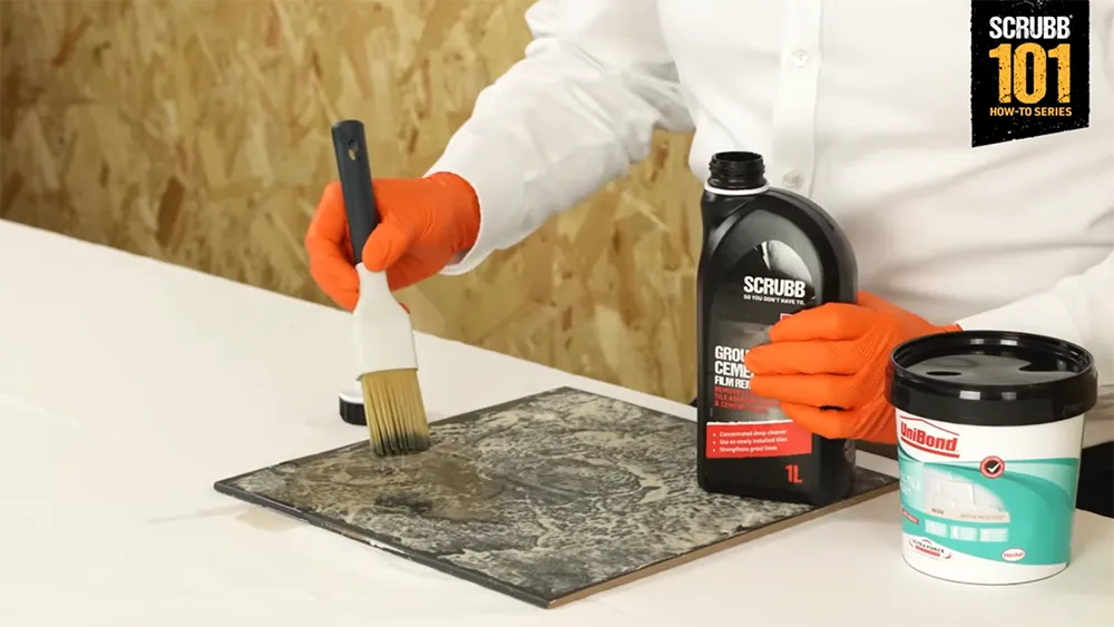 Video screenshot of host demonstrating S48 GROUT & CEMENT FILM REMOVER