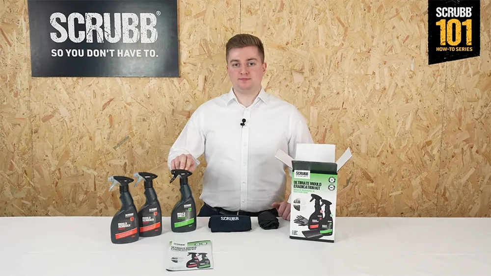 Video screenshot of host demonstrating SCRUBB Ultimate Mould Eradication Kit