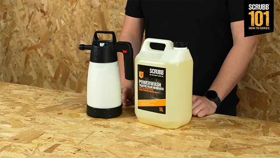 SCRUBB Powerwash Traffic Film Remover 101 sprayer and 5L bottle