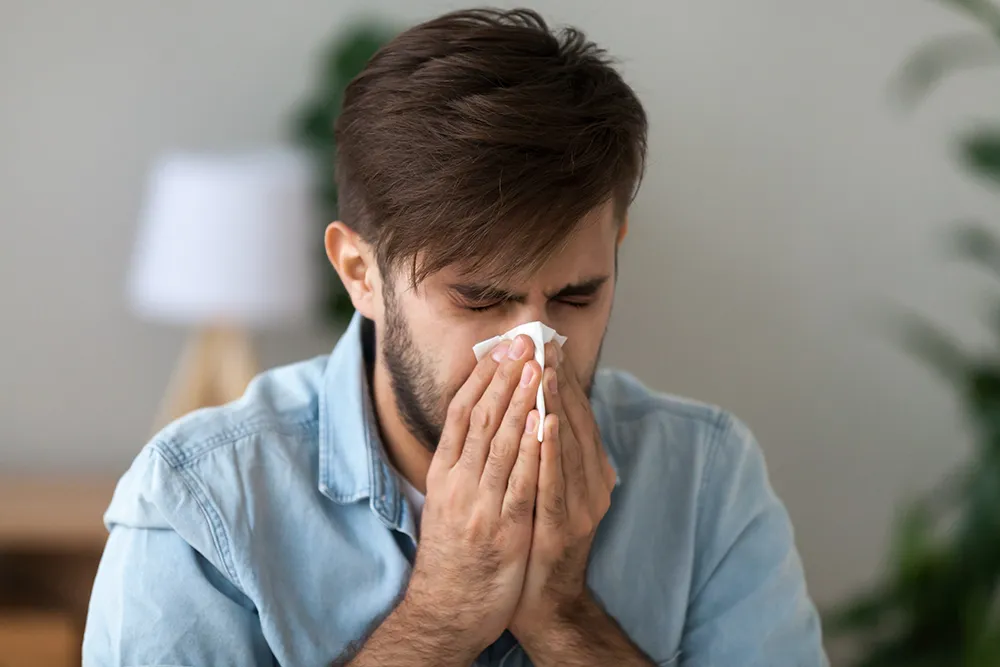 man with hay fever allergy sneezing in handkerchief