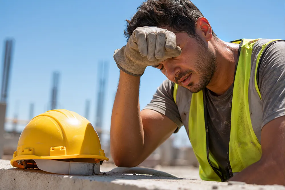 Tired male builder suffering from heat fatigue and overwork on a hot summer day.